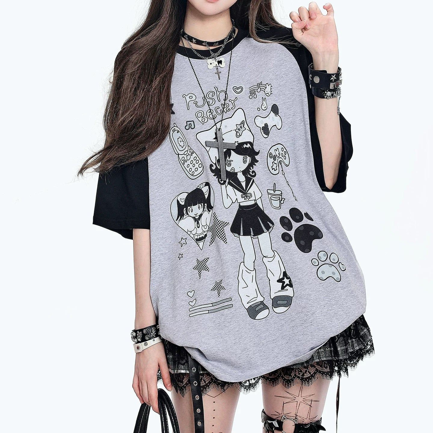 Girl wearing black and grey Push Beeb Yami Kawaii oversized T-shirt with manga print